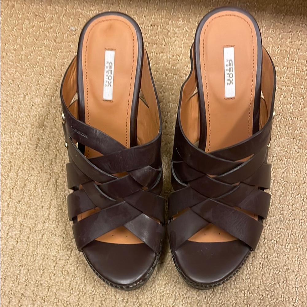 Geox Brown Mules with Woven Leather Straps and Wedge Heel size 8.5